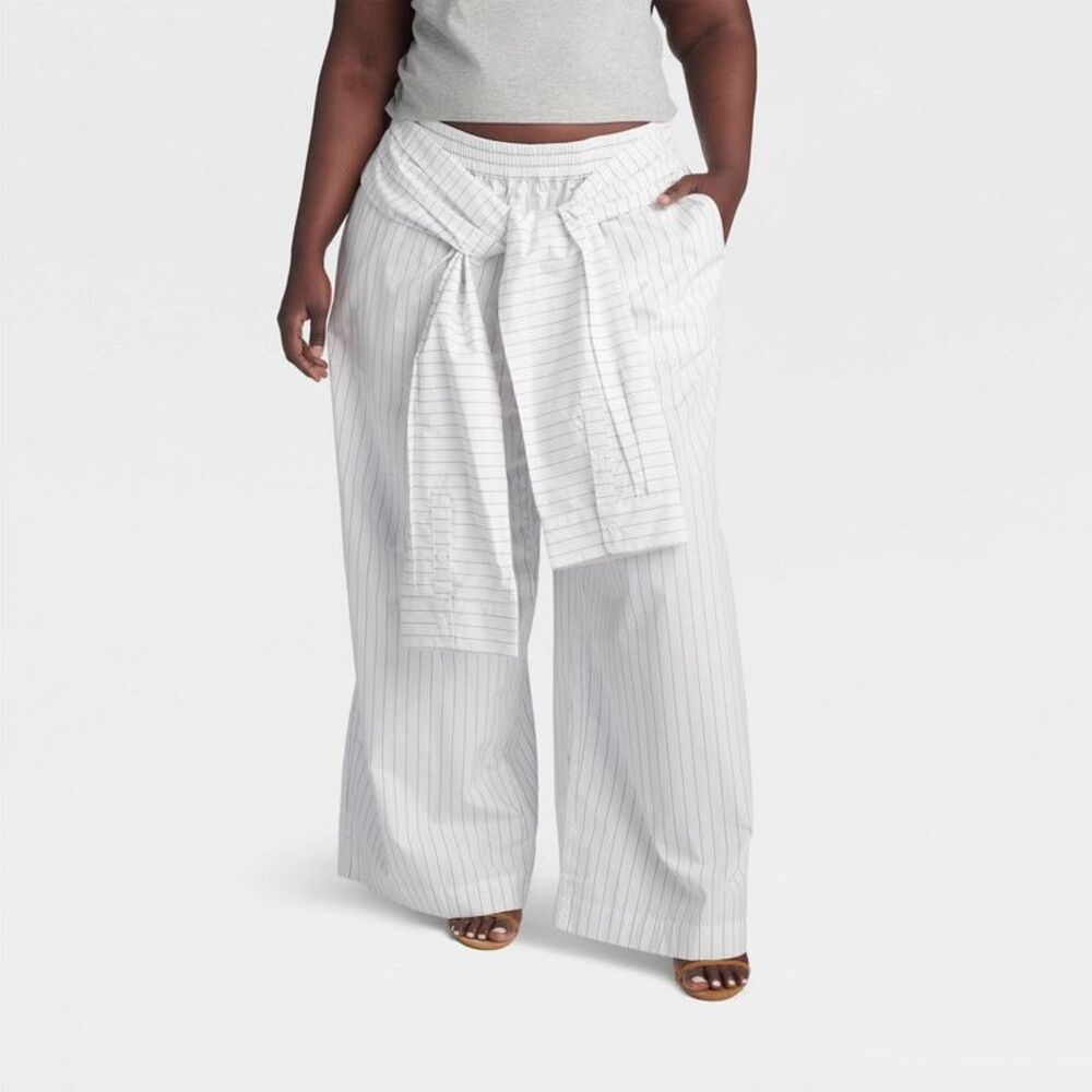 KBB by KAHLANA Women's 'The Tie Waist Trousers' - White/Blue Striped 1X